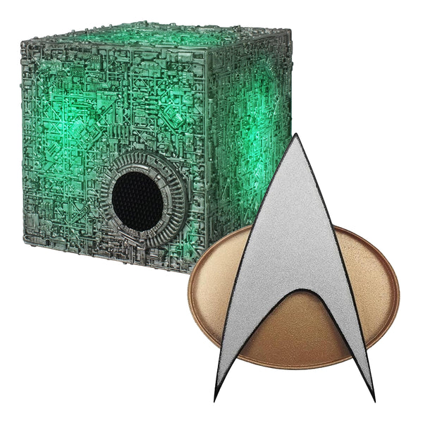 BUNDLE Star Trek The Next Generation Chirping Communicator Badge, TNG ComBadge Non Bluetooth Version with Borg Cube Bluetooth Speaker with Green Illumination